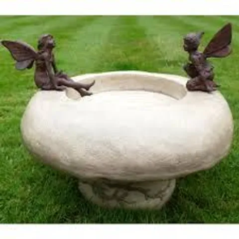 BRAND NEW BOXED HOMES DIRECT 365 BEIGE BIRD BATH WITH BRONZE FAIRIES AND GREEN LEAVES