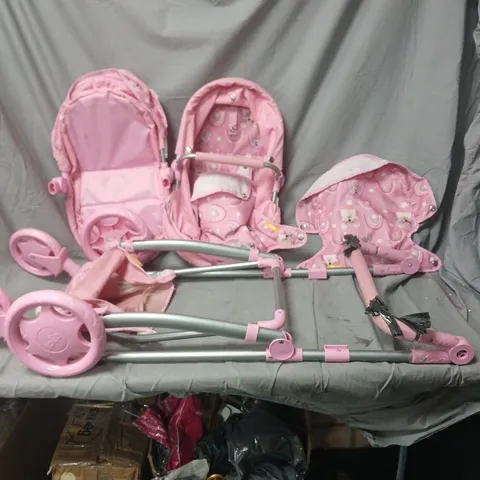 PINK DOLL’S PUSHCHAIR SET (TOY) – DISASSEMBLED FRAME WITH FABRIC SEATS.