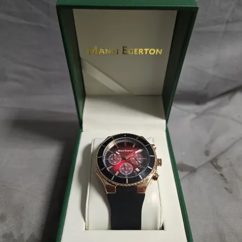 MANN EGERTON ASTRO ROSE RED CHRONOGRAPH WATCH β ROSE GOLD CASE, BLACK BEZEL & STRAP
