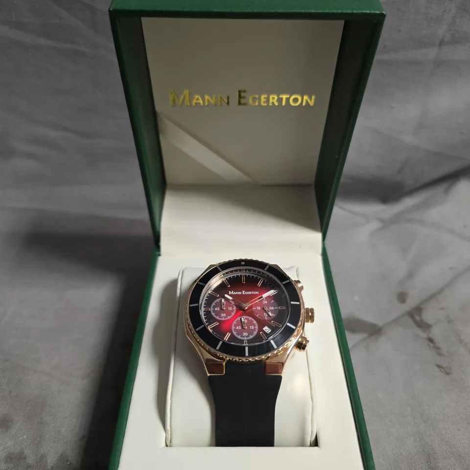 MANN EGERTON ASTRO ROSE RED CHRONOGRAPH WATCH – ROSE GOLD CASE, BLACK BEZEL & STRAP 