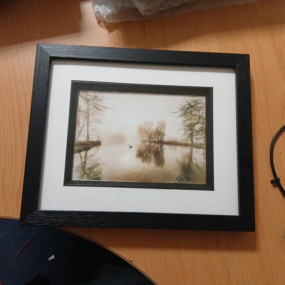 FRAMED LANDSCAPE PHOTOGRAPH – LAKESIDE SCENE, SIGNED LOWER-RIGHT