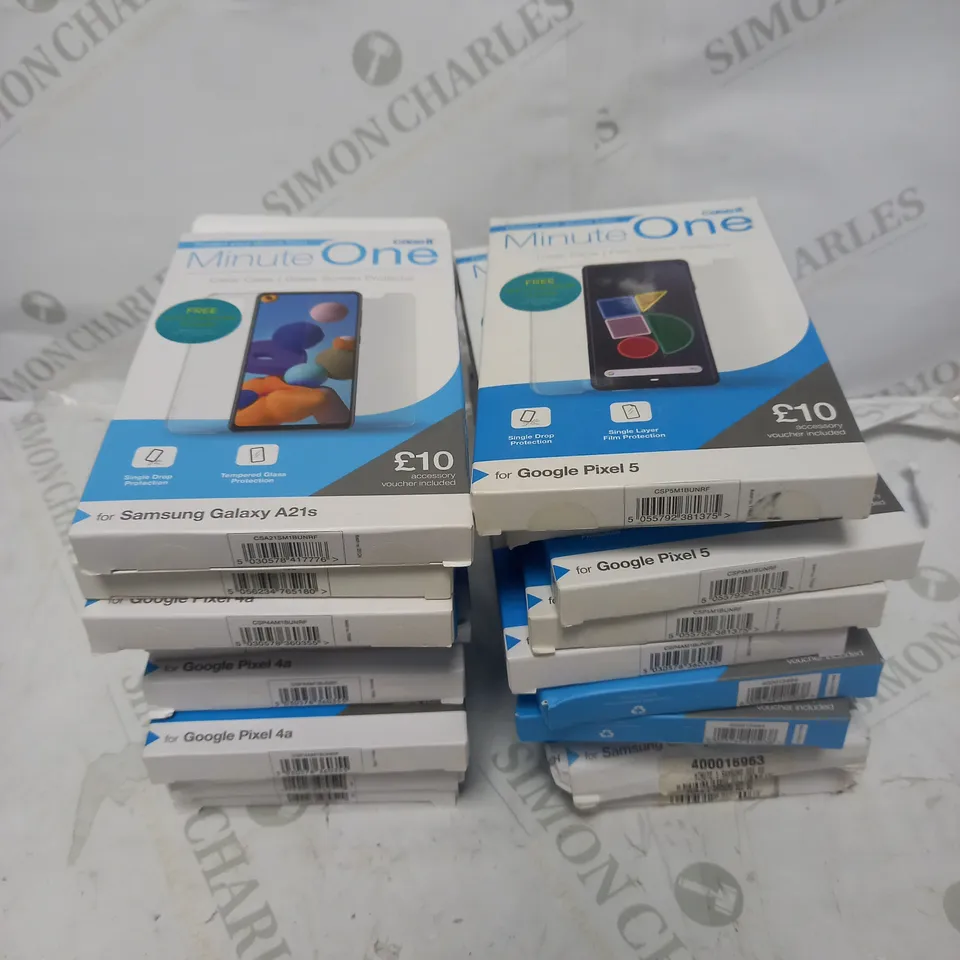 BOX OF 20 MINUTE ONE CLEAR CASE & SCREEN PROTECTOR KITS FOR ASSORTED SMARTPHONE MODELS TO INCLUDE GALAXY A21S, GOOGLE PIXEL 5, GOOGLE PIXEL 4A ETC
