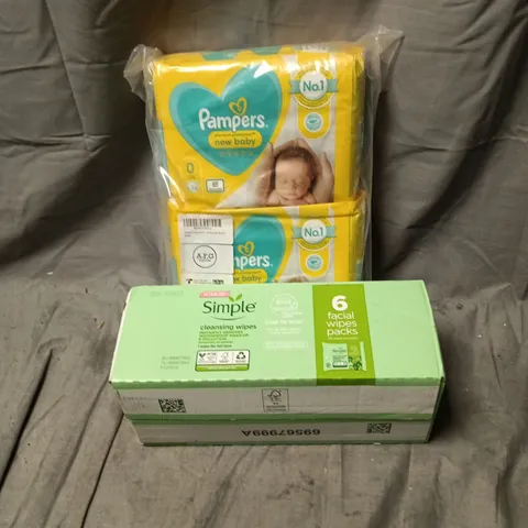 APPROXIMATLEY 5 ASSORTED HOUSEHOLD ITEMS INCLUDING PAMPERS NEW BABY DIAPERS AND SIMPLE CLEANSING WIPES
