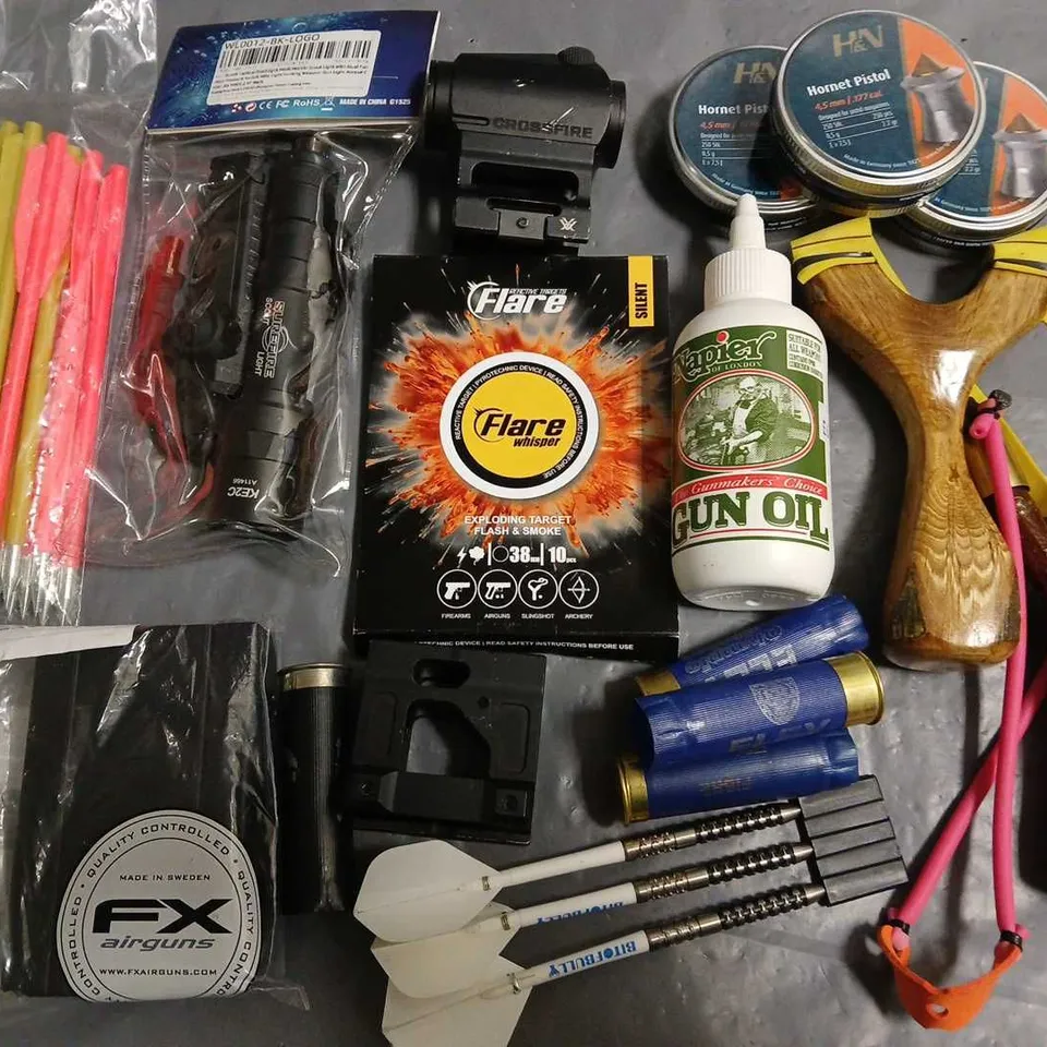 LOT OF APPROXIMATELY 13 ASSORTED SPORTING ITEMS TO INCLUDE HORNET PISTOL PELLETS, CATAPULTS AND GUN OIL