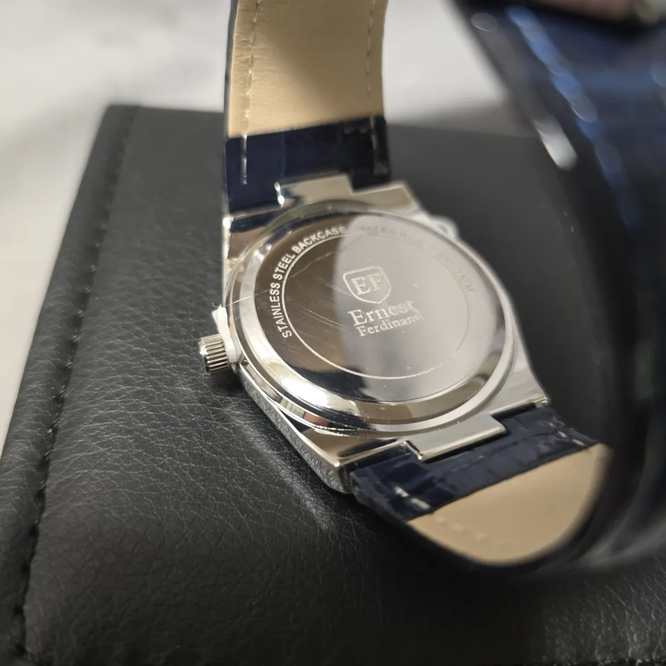 MENS ERNEST FERDINAND WATCH – DAY DATE CALENDAR DIAL – BLUE LEATHER STRAP – 3ATM WATER RESISTANT - GIFT BOX