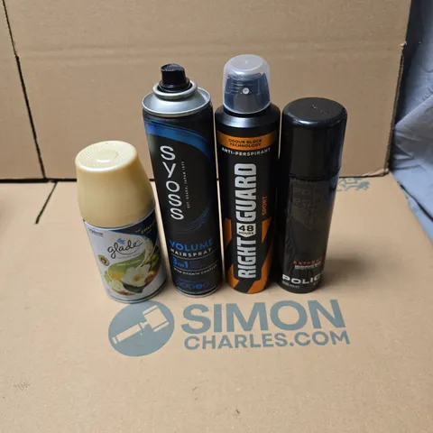 TOTE OF APPROXIMATELY 18 ASSORTED AEROSOL PRODUCTS TO INCLUDE GLADE, SYOSS 3 IN 1 HAIR SPRAY, RIGHT GUARD, POLICE ETC