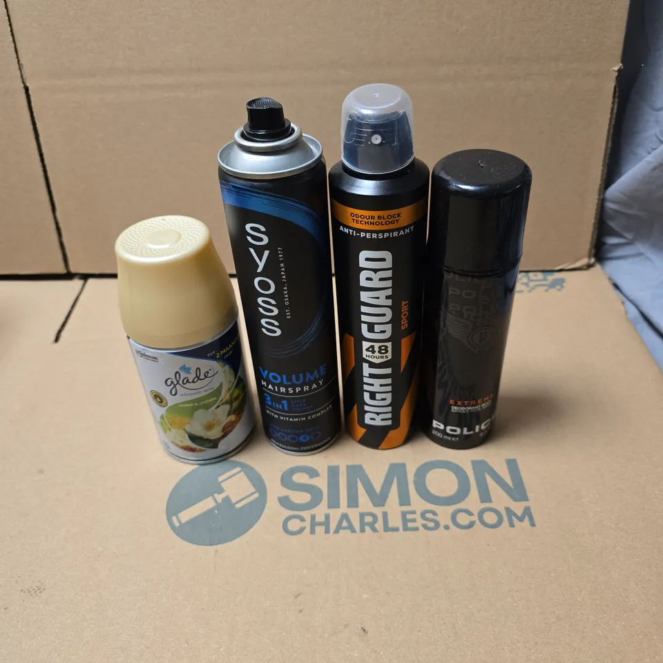 TOTE OF APPROXIMATELY 18 ASSORTED AEROSOL PRODUCTS TO INCLUDE GLADE, SYOSS 3 IN 1 HAIR SPRAY, RIGHT GUARD, POLICE ETC