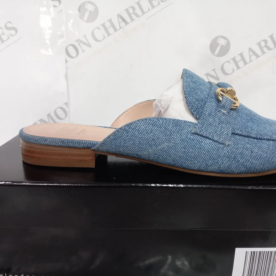 BOXED DUNE LONDON BLUE DENIM FABRIC SLIM SOLE BACKLESS SHOES SIZE 5
