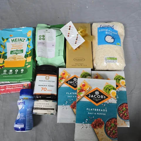 LOT OF 11 ASSORTED FOOD ITEMS TO INCLUDE JACOBS FLAT BREADS, MANUKA HONEY AND WOGAN COFFEE