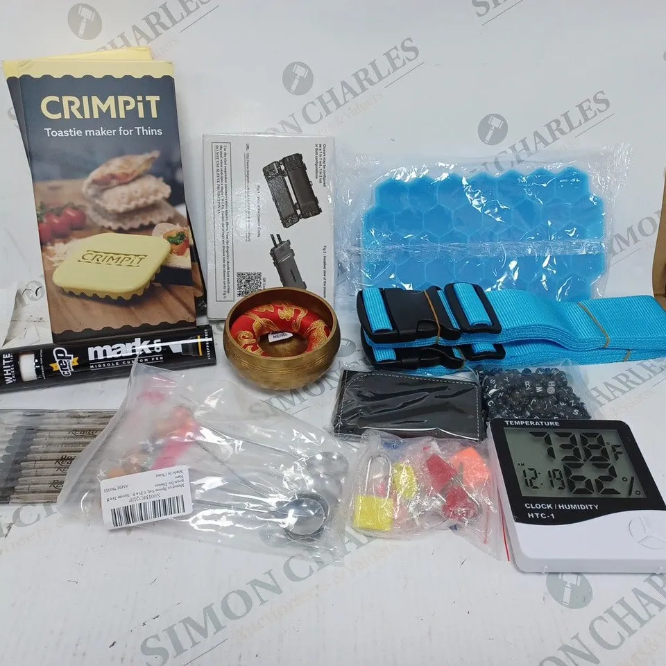 LOT OF HOUSEHOLD ITEMS TO INCLUDE CRIMPITS, LOCK AND KEY, ETC