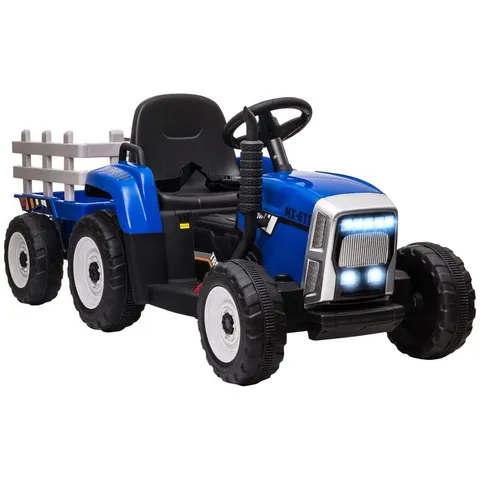 BOXED HOMCOM RIDE ON TRACTOR, BATTERY POWERED ELECTRIC CAR, WITH DETACHABLE TRAILER, REMOTE CONTROL, MUSIC, BLUE