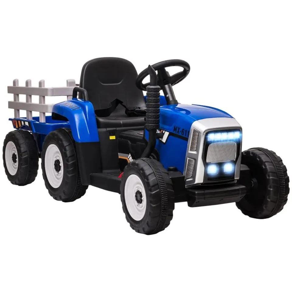 BOXED HOMCOM RIDE ON TRACTOR, BATTERY POWERED ELECTRIC CAR, WITH DETACHABLE TRAILER, REMOTE CONTROL, MUSIC, BLUE