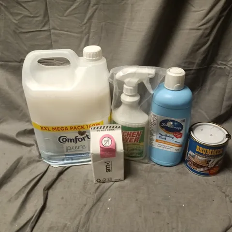 APPROXIMATELY 6 ASSORTED HOUSEHOLD LIQUID PRODUCTS TO INCLUDE INTERIOR WOOD FILLER, STERILISING FLUID, COMFORT PURE, ETC - COLLECTION ONLY