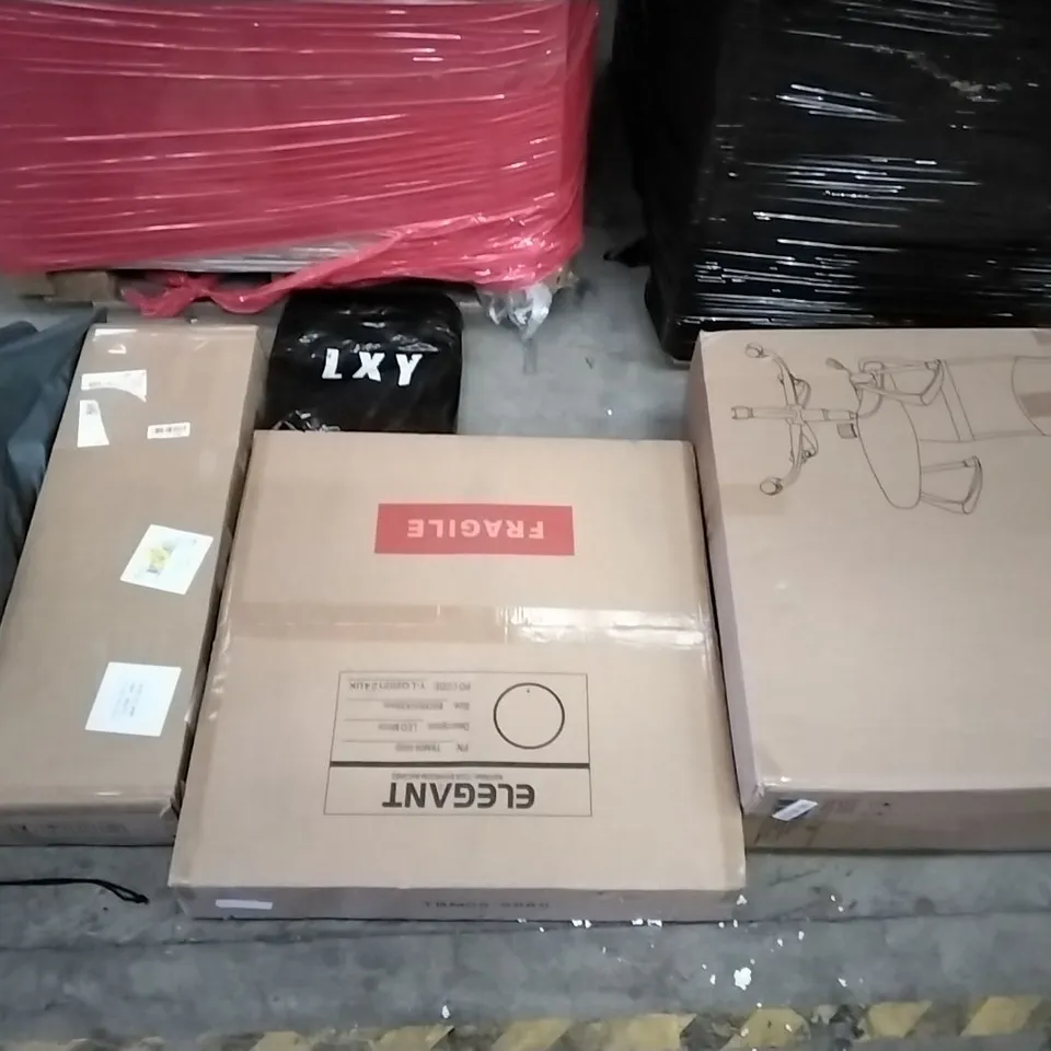 PALLET OF ASSORTED ITEMS INCLUDING NICEDAY DESK CHAIR, ELEGANT LED MIRROR, ANGELSHIELD TOILET SEAT, 20MM ARTIFICAL GRASS, EUOSEN OUTDOOR FURNITURE SET, SHOE RACK