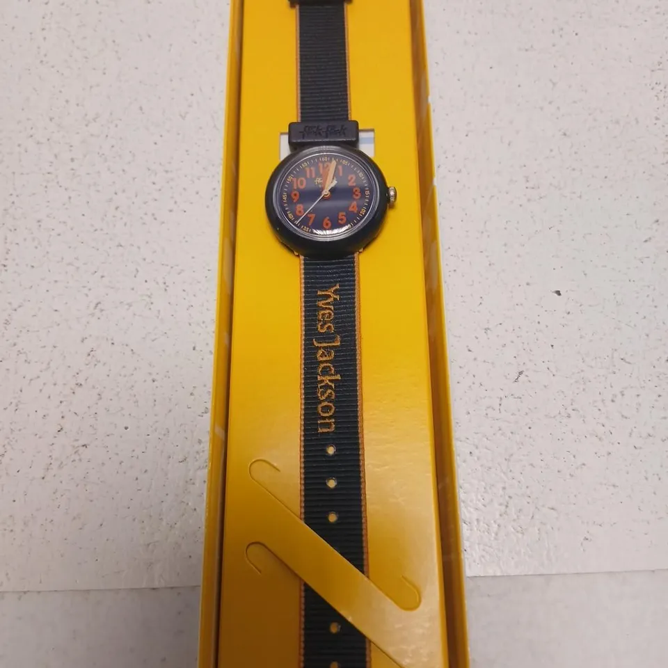 FLIK FLAK YVES JACKSON CHILDREN'S WATCH - BLUE DIAL WITH ORANGE NUMERALS, BOXED