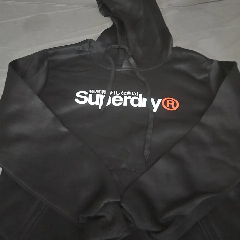 SUPERDRY HOODIE – BLACK WITH WHITE LOGO PRINT SIZE S