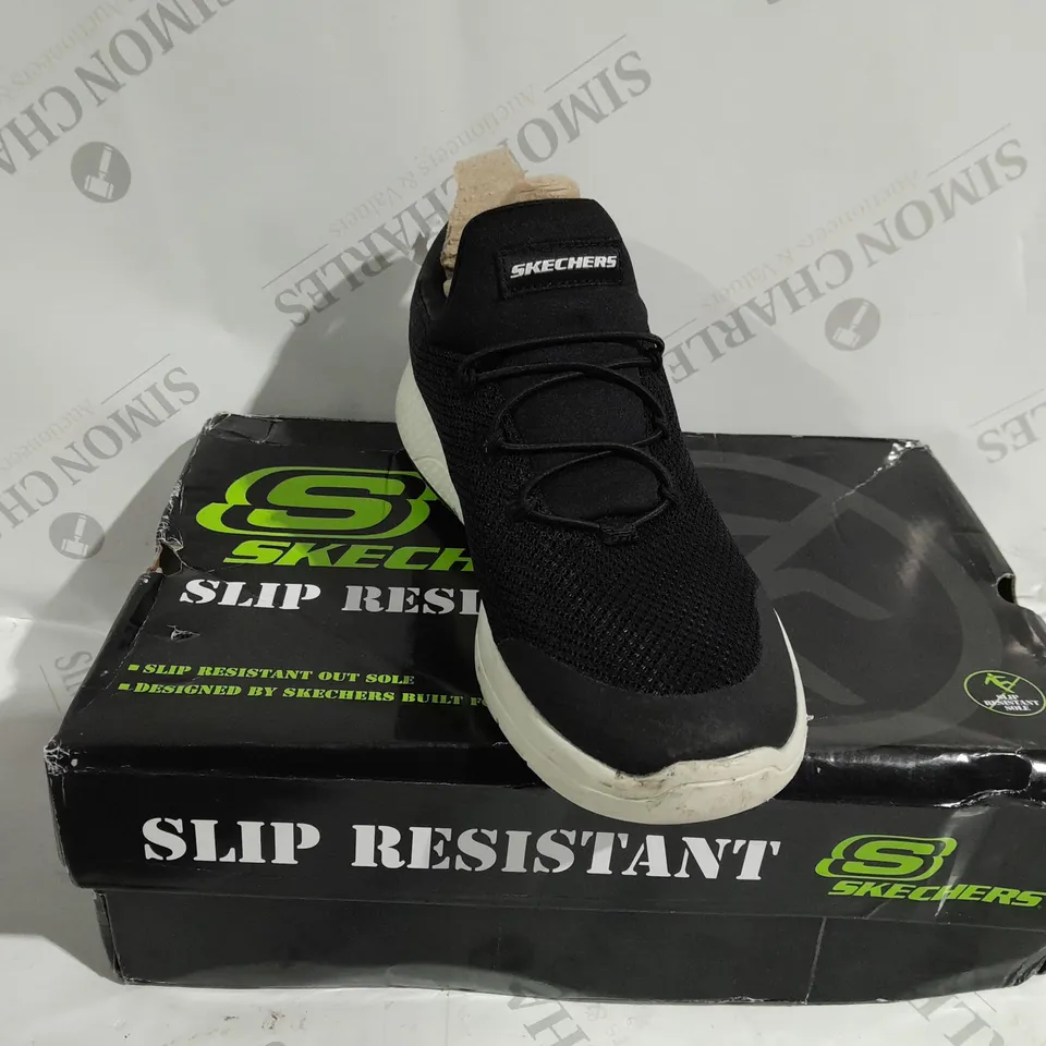 BOXED PAIR OF SKECHERS SLIP RESISTANT WORK TRAINERS IN BLACK - SIZE 5