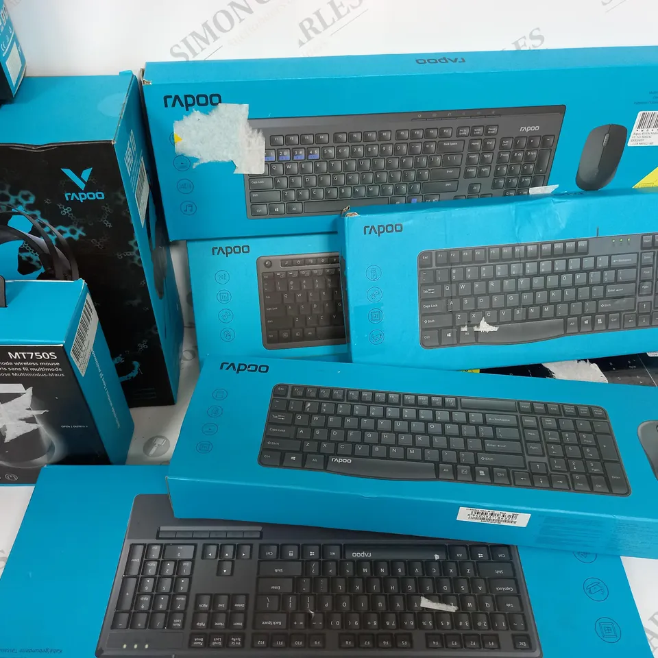APPROXIMATELY 15 ASSOERTED RAPOO ITEMS INCLUDING KEYBOARD AND MOUSE COMBOS, INDIVIDUAL WIRLESS MOUSE, VIRTUAL GAMING HEAD SETS