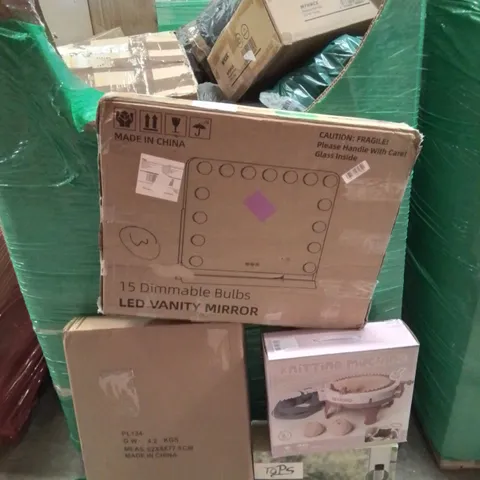 PALLET CONTAINING VARIOUS BOXED HOUSEHOLD ITEMS TO INCLUDE: LED VANITY MIRROR,  KNITTING MACHINE,  HEATED BLANKET,  HEATED MATTRESS COVER AND LOTS MORE UNMARKED BOXED ITEMS.