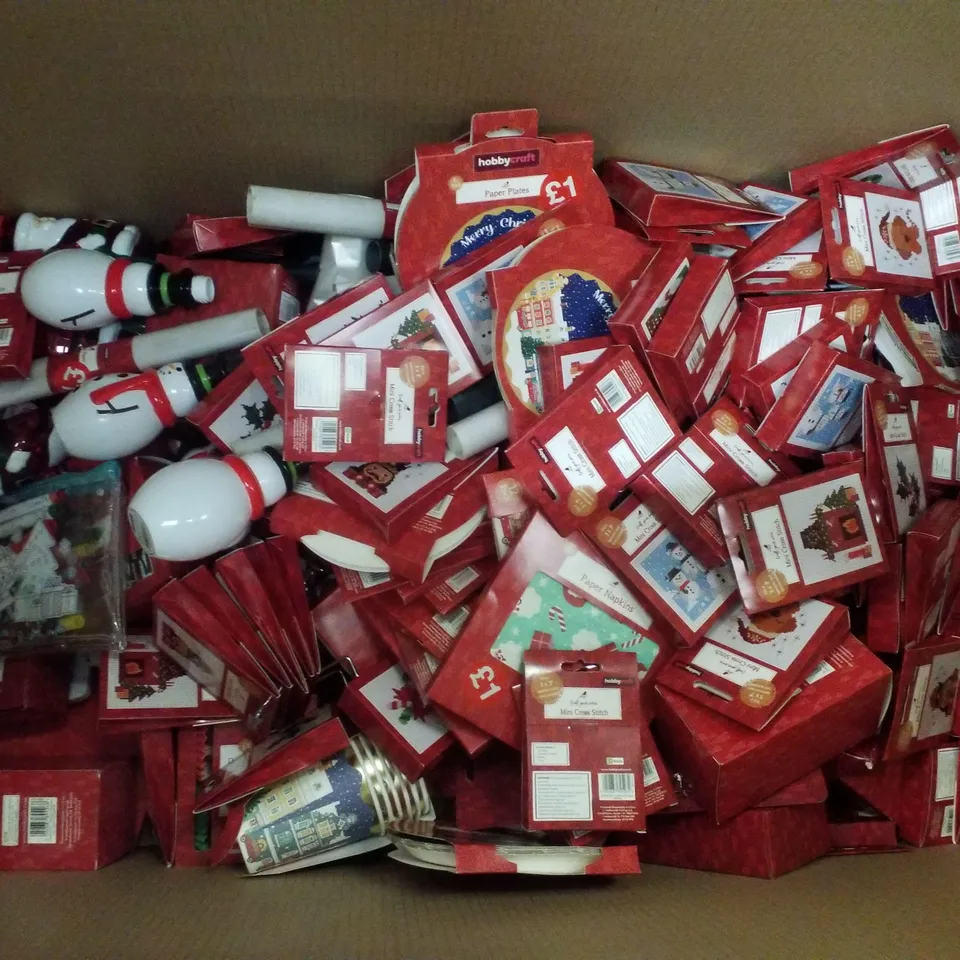 PALLET CONTAINING ASSORTED CHRISTMAS PRODUCTS & DECORATIONS INCLUDING MINI CROSS SITCHES, SNOWMAN SOAP DISPENSER, PAPER PLATES, FUSE BEAD SET & BOTTLE BRUSH LED TREE