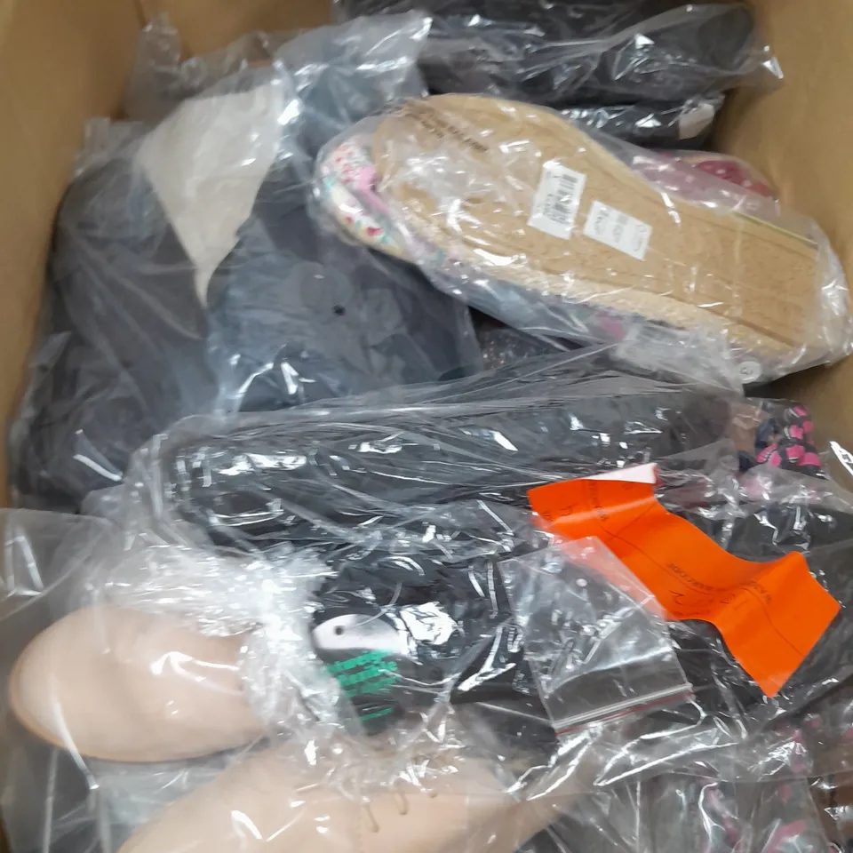 BOX OF APPROXIMATELY 10 ASSORTED WOMENS SHOES IN VARIOUS COLOURS, STYLES AND SIZES