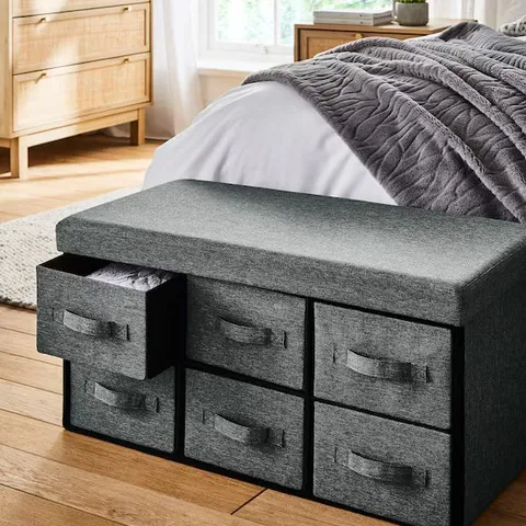 BOXED FAUX LINEN DRAWER OTTOMAN - CHARCOAL
