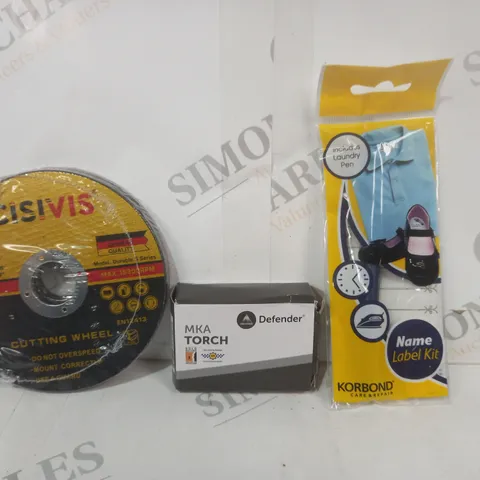 APPROXIMATELY 15 ASSORTED HOUSEHOLD ITEMS TO INCLUDE CUTTING WHEEL, MKA TORCH, NAME LABEL KIT, ETC