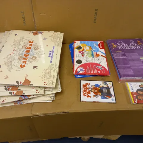 LOT OF ASSORTED HOMEWARE ITEMS SUCH AS 2022 CALENDARS, ADVENT CALENDARS, DVDS AND COLOURING PAPERS
