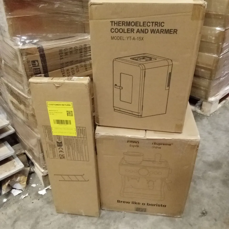 PALLET OF ASSORTED HOUSEHOLD GOODS AND PRODUCTS TO INCLUDE; GARMENT RACK, THERMOELECTRIC COOLER AND WARMER, ESPRESSO MACHINE ETC