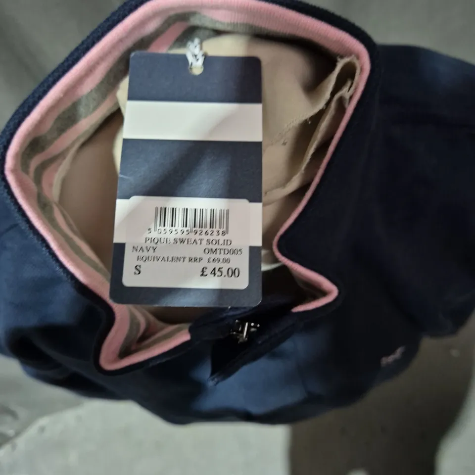 CREW CLOTHING COMPANY NAVY JACKET, SIZE S, PINK INTERIOR – LOGO CHEST