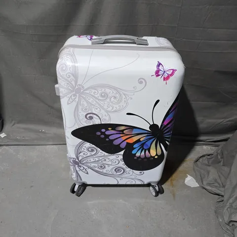 HARD-SHELL SUITCASE WITH MULTICOLOURED BUTTERFLY PRINT – WHITE TRAVEL LUGGAGE