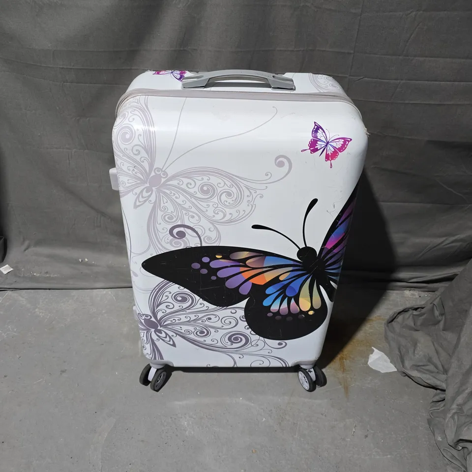 HARD-SHELL SUITCASE WITH MULTICOLOURED BUTTERFLY PRINT – WHITE TRAVEL LUGGAGE