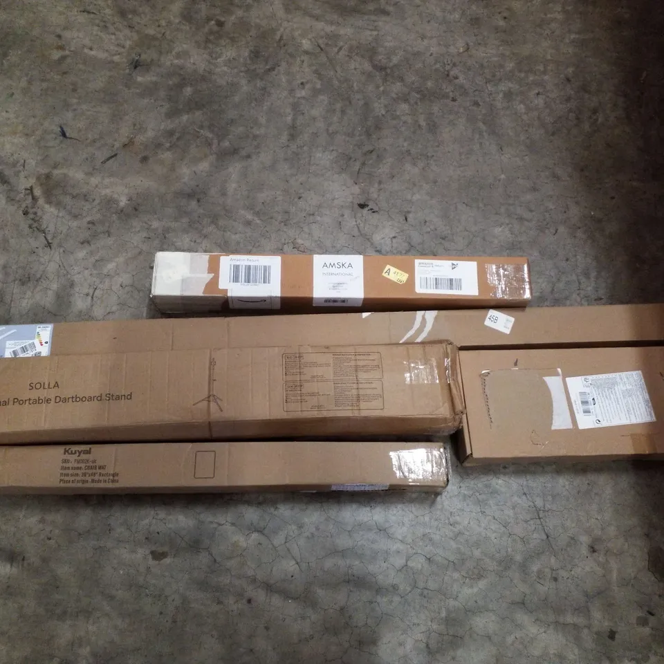 PALLET CONTAINING ASSORTED PRODUCTS INCLUDING LED BATTEN LIGHT, PORTABLE DARTBOARD STAND, CHAIR MAT, WOOD TURNING TOOLS & STAIR CARPET RODS
