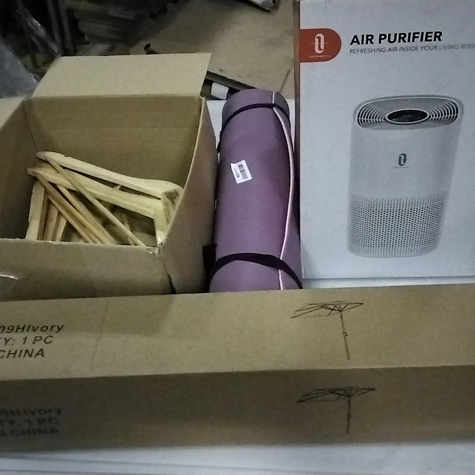 PALLET OF ASSORTED ITEMS INCLUDING A GARDEN UMBRELLA,  AIR PURIFIER,  WOODEN HANGERS , YOGA MAT 