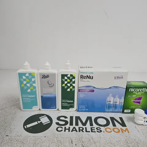 TOTE OF APPROXIMATELY 10 ASSORTED ITEMS INCLUDING NICORETTE INHALATOR, CONTACT LENSES ASE AND RENU MULTI-PURPOSE SOLUTION
