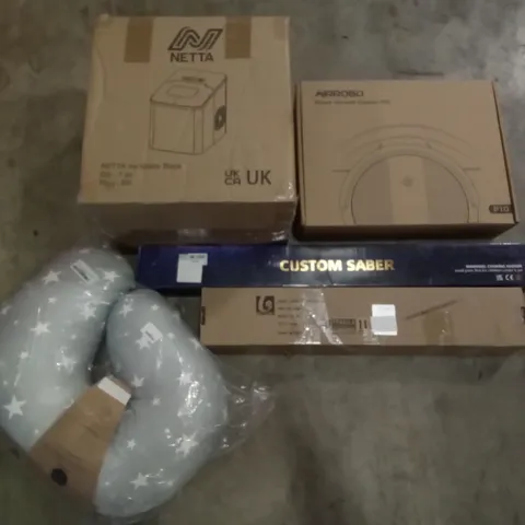 PALLET OF ASSORTED ITEMS INCLUDING NETTA ICE MAKER BLACK, AIRROBO ROBOT VACUUM CLEANER, CUSTOM SABER, ARTIC LED LIGHTS, MY INTERNATIONAL NURSING PILLOW