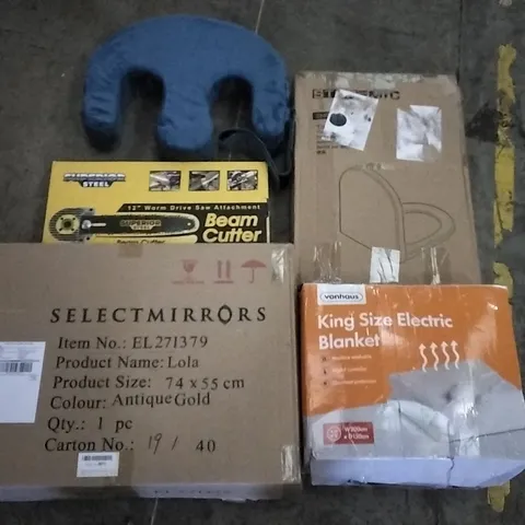 PALLET OF ASSORTED PRODUCTS TO INCLUDE; SUPERIOR STEEL BEAM CUTTER, KING SIZE ELECTRIC BLANKET AND LOLA ANTIQUE GOLD MIRROR