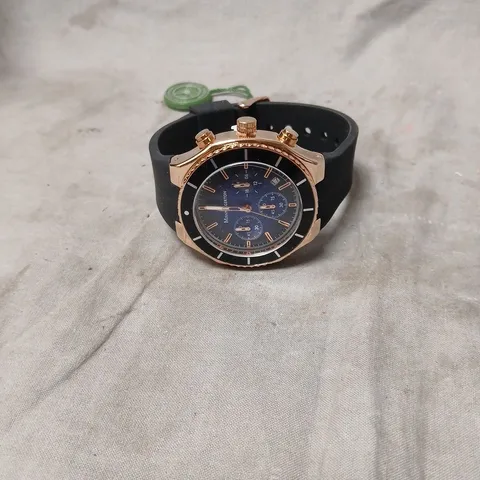 MANN EGERTON CHRONOGRAPH WATCH โ ROSE GOLD TONE CASE, BLUE DIAL, BLACK RUBBER STRAP (BOXED)