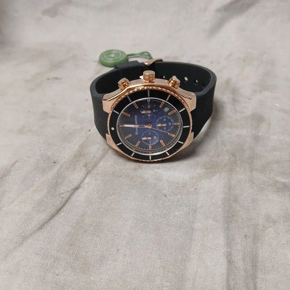 MANN EGERTON CHRONOGRAPH WATCH – ROSE GOLD TONE CASE, BLUE DIAL, BLACK RUBBER STRAP (BOXED)