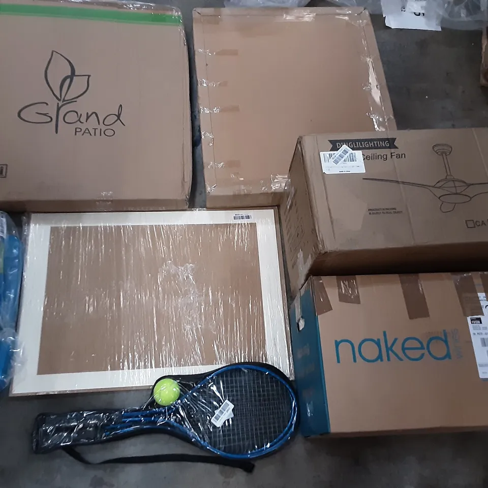 PALLET OF ASSORTED PRODUCTS INCLUDING DINGLILIGHTING CEILING FAN, GRAND PATIO, GRUNTEK GARDEN SPRINKLER, TENNIS RACKET SET, 3 LAYERS OF CLOTHES HANGERS 