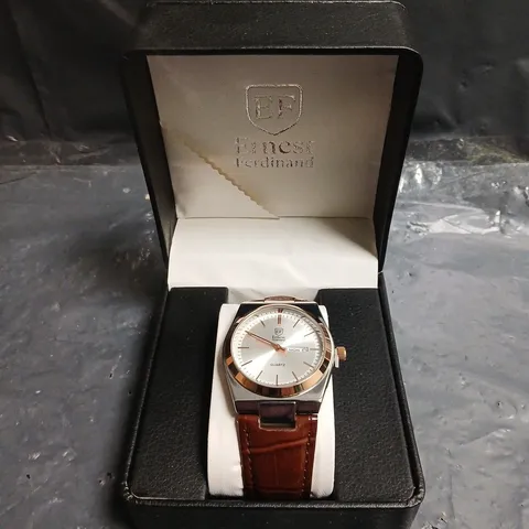 MENS ERNEST FERDINAND WATCH – DAY DATE CALENDAR DIAL – LEATHER STRAP