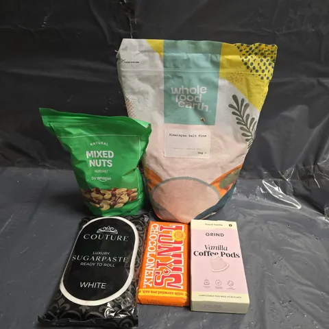 APPROXIMATELY 10 ASSORTED FOOD ITEMS TO INCLUDE - TONYS CHOCOLATE, VANILLA COFFEE PODS AND MIXED NUTS