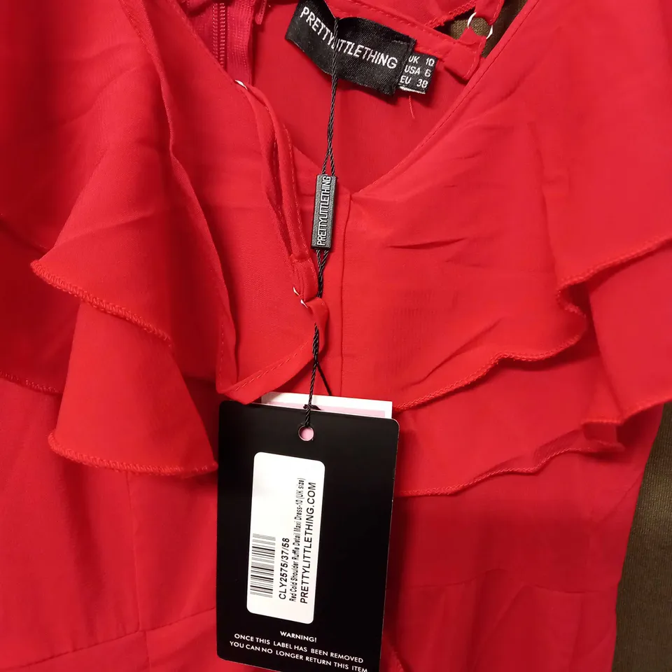 PRETTYLITTLETHING COLD SHOULDER RUFFLE DRESS - SIZE 10