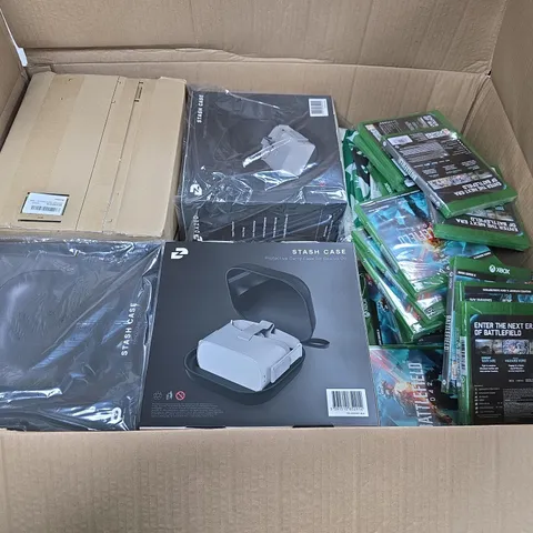 LARGE BOX OF APPROX 25 ASSORTED ITEMS TO INCLUDE XBOX GAMES , DAZED STASH CASE AND FACE WARMERS