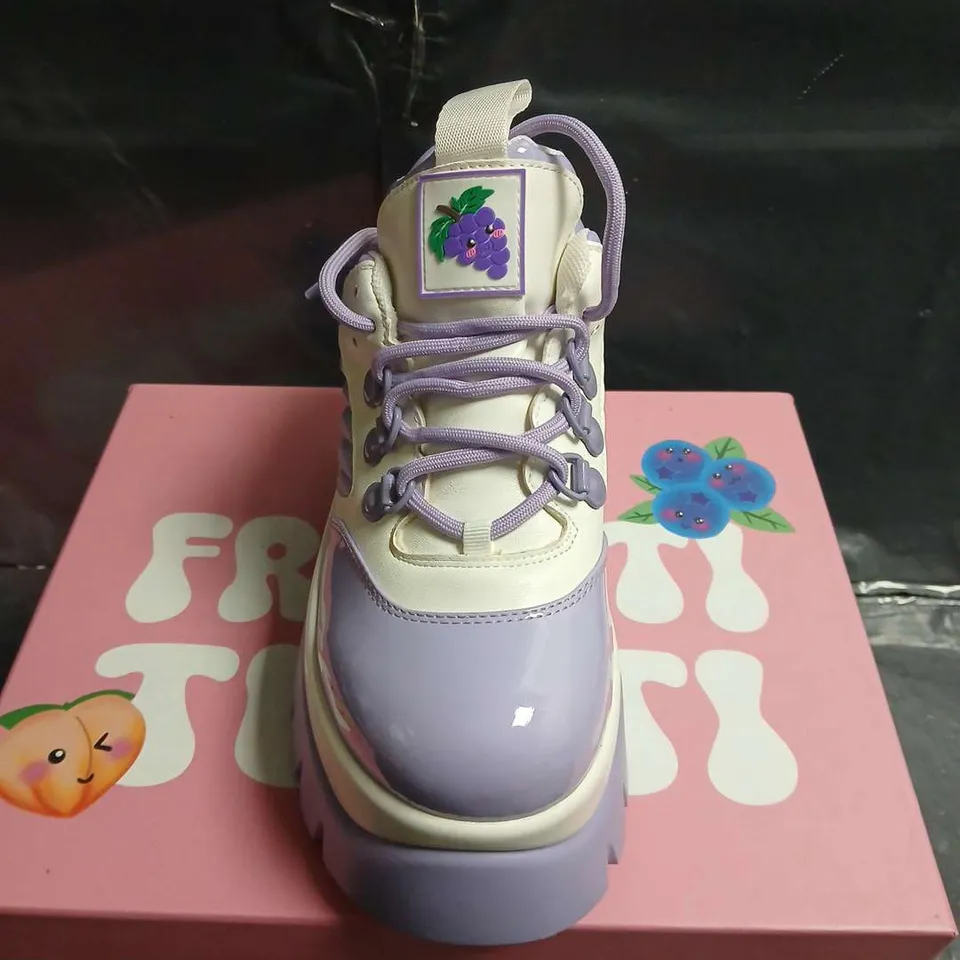 BOXED PAIR OF KOI GRAPE JELLY TRAINERS PLATFORM SNEAKERS – UK SIZE 4 