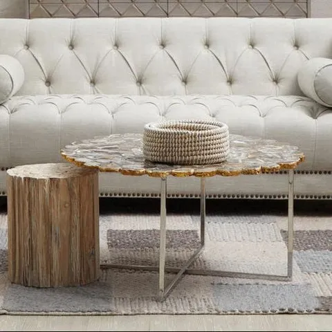 BOXED AGATE STONE TOP COFFEE TABLE WITH STAINLESS STEEL CROSS LEGS | RABIA (1 BOX)