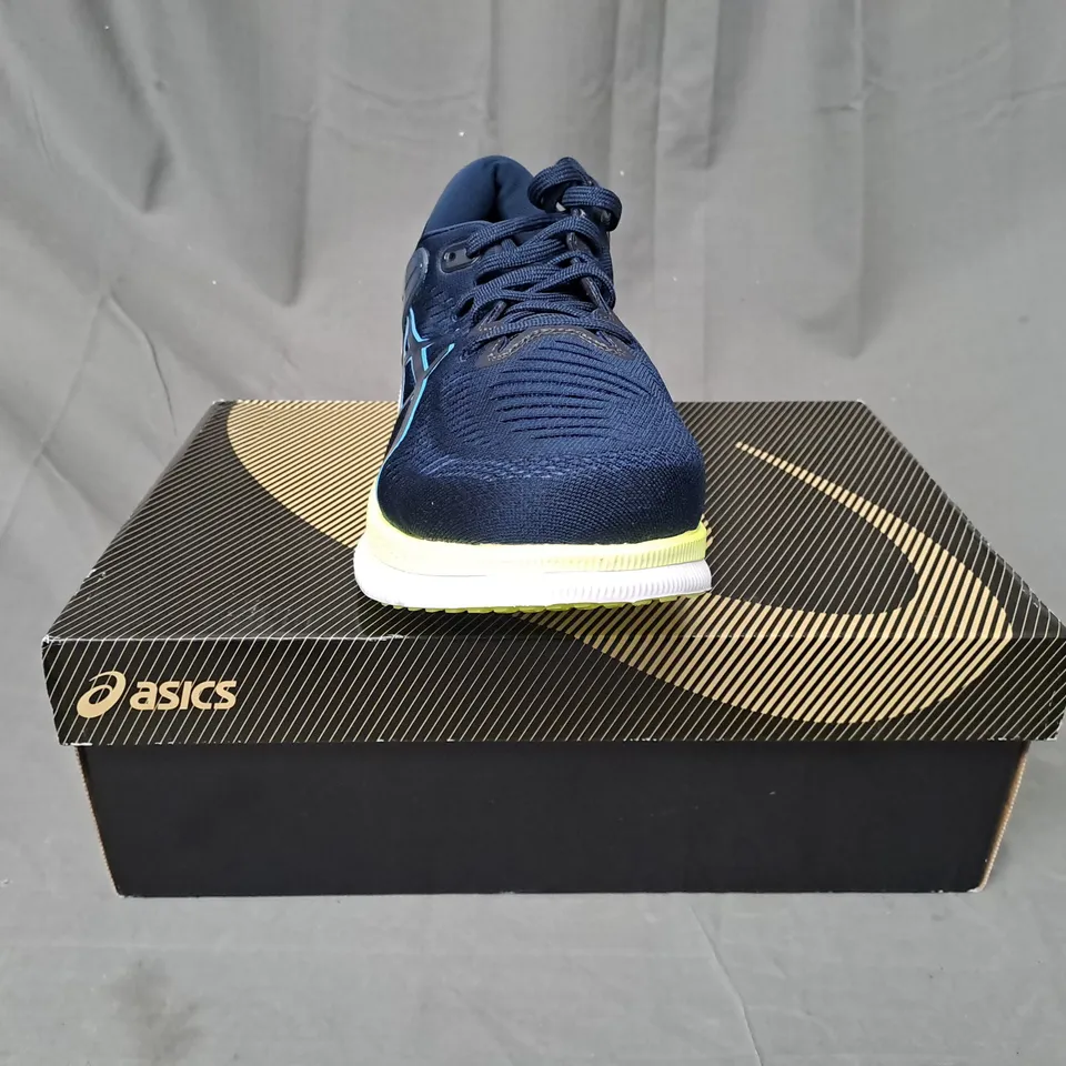 BOXED PAIR OF ASICS METARIDE RUNNING SHOES IN BLUE/LIME UK SIZE 10