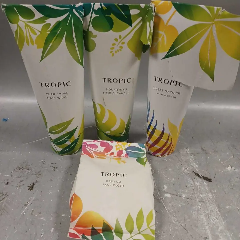 TROPIC SKINCARE LOT OF 4 ASSORTED PRODUCTS TO INCLUDE - CLARIFYING HAIR WASH - NOURISHING HAIR CLEANSER - GREAT BARRIER SUN LOTION - ETC