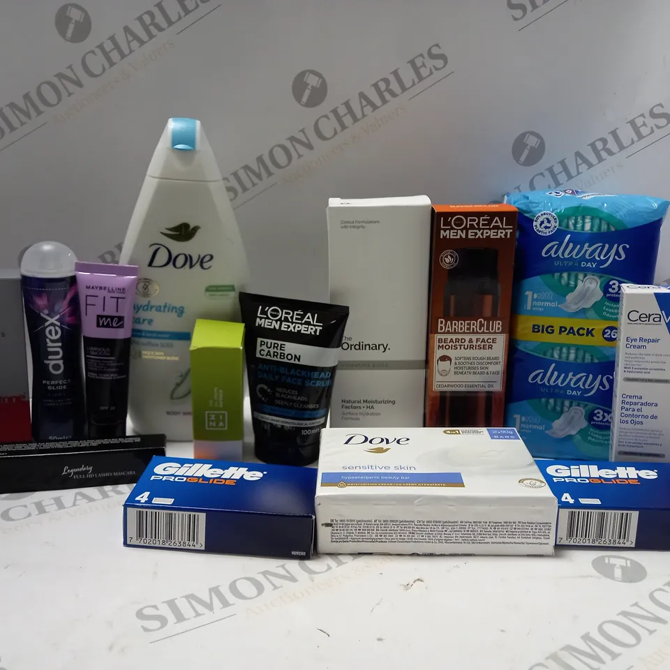 BOX OF APPROX 10 ASSORTED BEAUTY PRODUCTS TO INCLUDE DOVE BODY WASH, L'OREAL MEN EXPERT BEARD/FACE MOISTURISER, CERAVE EYE REPAIR CREAM, ETC