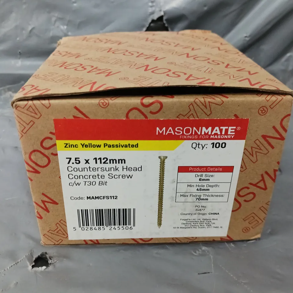 BOXED MASONMATE APPROXIMATWLY 100 ZINC YELLOW PASSIVATED 7.5x12mm COUNTERSUNK HEAD CONCRETE SCREWS - COLLECTION ONLY